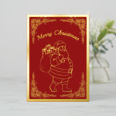 サンタクロースとプレゼント、赤、金ゴールド 箔シーズンカード (立ち正面)