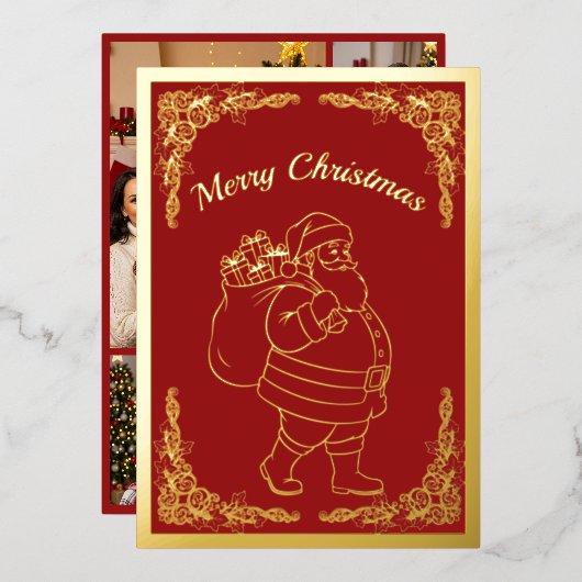 サンタクロースとプレゼント、赤、金ゴールド 箔シーズンカード (正面/裏面)