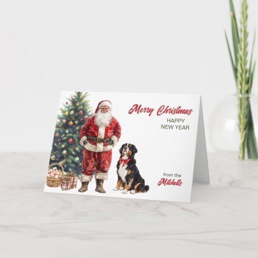 サンタクロースとベルネーズマウンテンドッグクリスマス シーズンカード (正面)