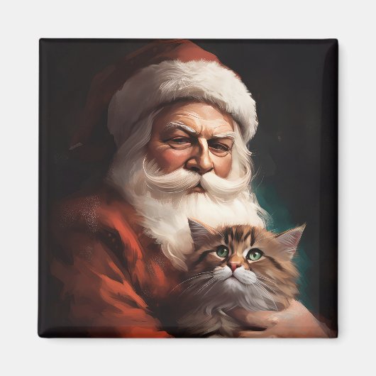 サンタクロースとペルシャ猫のクリスマス マグネット (正面)