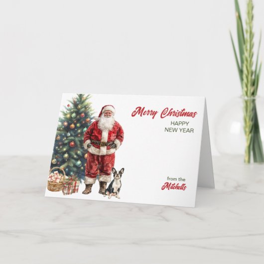サンタクロースとボストンテリアードッグクリスマス シーズンカード (正面)
