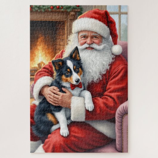 サンタクロースとボーダーコリーのクリスマスアート ジグソーパズル (縦)