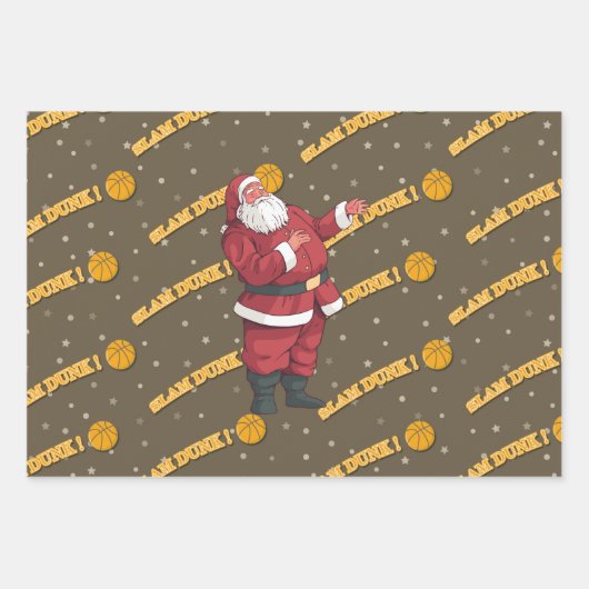 サンタクロースとボールを持つバスケットボールクリスマス ラッピングペーパーシート (正面)