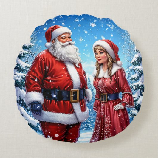 サンタクロースとミセス・クロースのお祭り ラウンドクッション (正面)