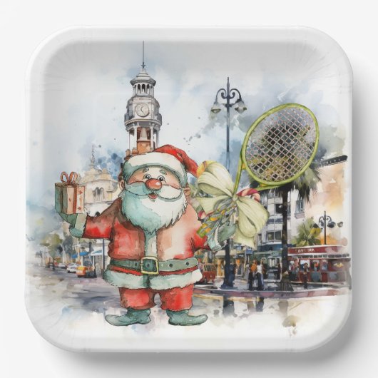 サンタクロースとラケットのテニスクリスマス ペーパープレート (正面)