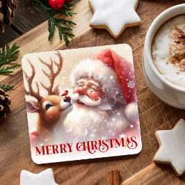 サンタクロースとルドルフのかわいいクリスマスコースター スクエアペーパーコースター