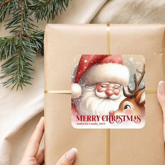 サンタクロースとルドルフのクリスマスパーソナライズデザイン スクエアシール