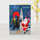 サンタクロースとルースターが新年のトースト カード (黄色い花)