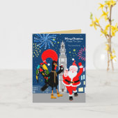 サンタクロースとルースターが新年のトースト カード (黄色い花)