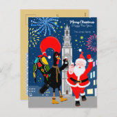 サンタクロースとルースターが新年のトースト シーズンポストカード (正面/裏面)