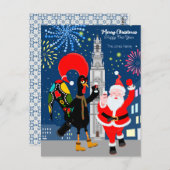 サンタクロースとルースターが新年のトースト ポストカード (正面/裏面)