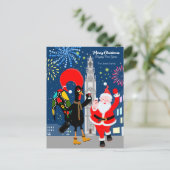 サンタクロースとルースターが新年のトースト ポストカード (スタンド正面)