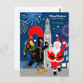 サンタクロースとルースターが新年のトースト ポストカード (正面/裏面)