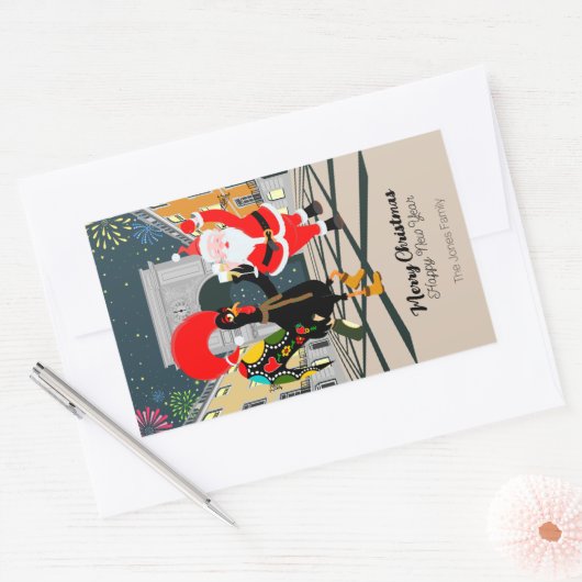 サンタクロースとルースターシャンパントーストからニューイヤー 長方形シール (封筒)