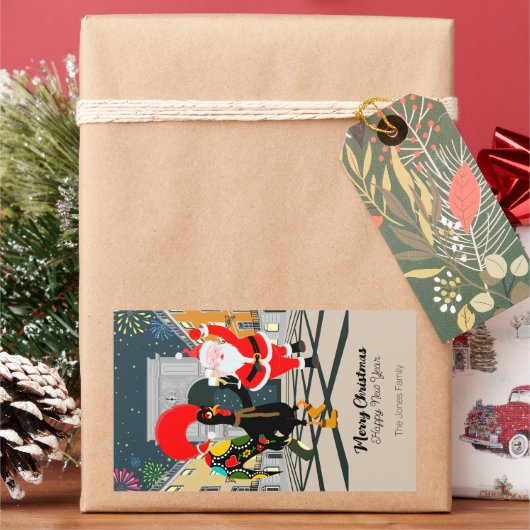 サンタクロースとルースターシャンパントーストからニューイヤー 長方形シール (クリスマス)