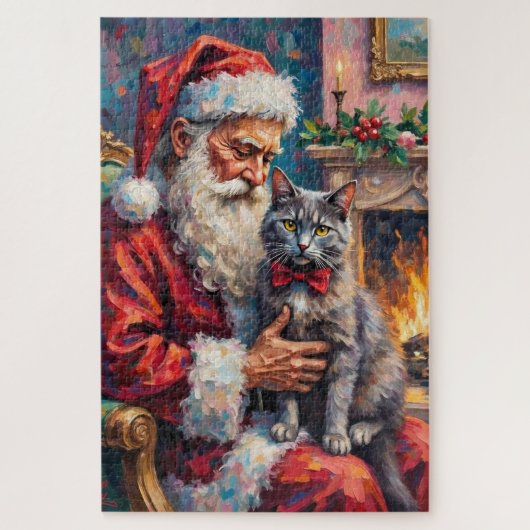 サンタクロースとロシアンブルーの猫のクリスマスアート ジグソーパズル (縦)