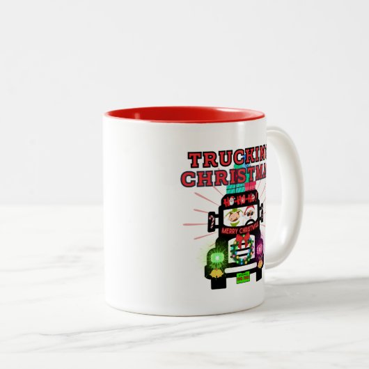 サンタクロースと一緒にクリスマスをトラックで運ぶ ツートーンマグカップ (正面右)