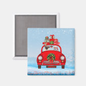 サンタクロースと一緒に車でパグ犬 マグネット (正面/裏面)