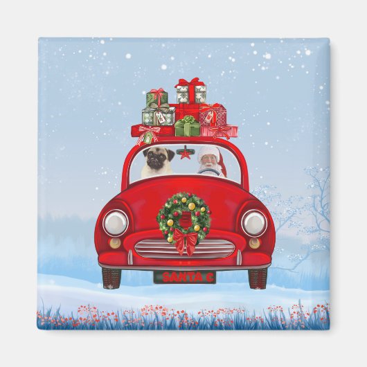 サンタクロースと一緒に車でパグ犬 マグネット (正面)