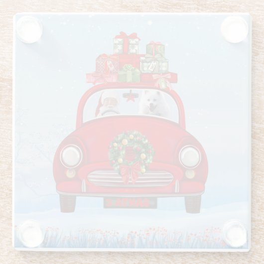 サンタクロースと一緒に車に乗ったアメリカ人のエスキモー犬 ガラスコースター (裏面)