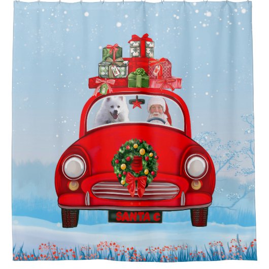 サンタクロースと一緒に車に乗ったアメリカ人のエスキモー犬 シャワーカーテン (正面)