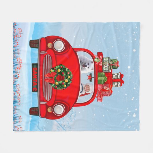 サンタクロースと一緒に車に乗ったアメリカ人のエスキモー犬 フリースブランケット (正面(横))