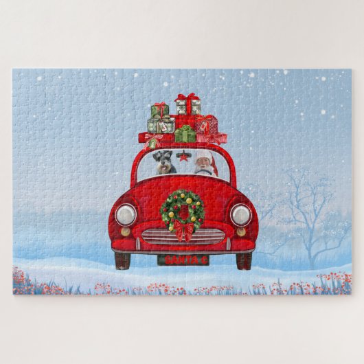 サンタクロースと一緒に車に乗ったシュナザー犬 ジグソーパズル (横)