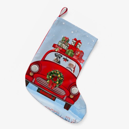 サンタクロースと一緒に車に乗ったシュナザー犬 スモールクリスマスストッキング (正面 (吊り時))