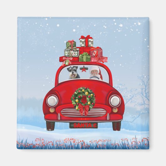 サンタクロースと一緒に車に乗ったシュナザー犬 マグネット (正面)