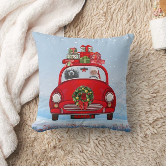 サンタクロースと一緒に車に乗ったプードル犬 クッション (ブランケット)