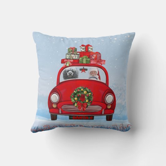 サンタクロースと一緒に車に乗ったプードル犬 クッション (裏面)