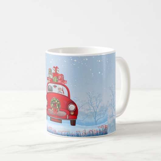 サンタクロースと一緒に車に乗ったプードル犬 コーヒーマグカップ (正面右)