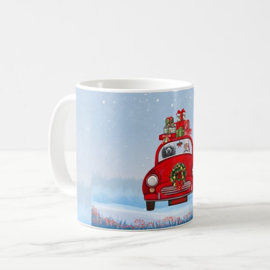 サンタクロースと一緒に車に乗ったプードル犬 コーヒーマグカップ (正面左)