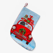 サンタクロースと一緒に車に乗ったプードル犬 スモールクリスマスストッキング (正面 (吊り時))