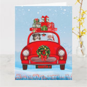 サンタクロースと一緒に車に乗るオーストラリアン・シェパード犬 カード (黄色い花)