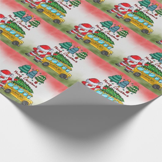 サンタクロースと一緒に運転するスクールバスクリスマス ラッピングペーパー (角)