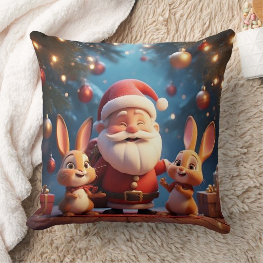 サンタクロースと元気いっぱいのウサギたち クッション (ブランケット)