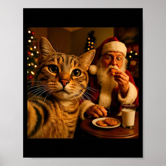 サンタクロースと写る猫のセルフィー クリスマス メメ ポスター (正面)