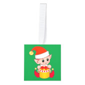 サンタクロースと可愛いクリスマス+エルフ キューブオーナメント (正面)