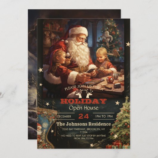 サンタクロースと子ども絵画のクリスマス 招待状 (正面/裏面)