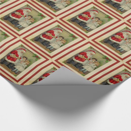 サンタクロースと小さな女の子ヴィンテージクリスマス ラッピングペーパー (角)