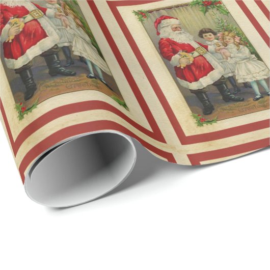 サンタクロースと小さな女の子ヴィンテージクリスマス ラッピングペーパー (ロールコーナー)