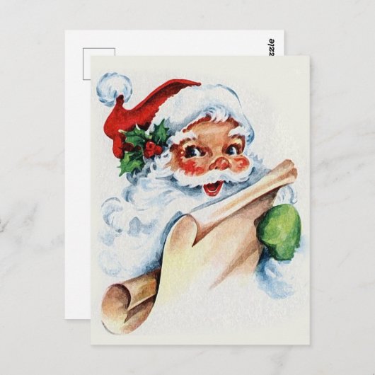 サンタクロースと彼のクリスマスリストのスクロール ポストカード (正面/裏面)