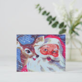 サンタクロースと彼のトナカイのビンテージクリスマス ポストカード (スタンド正面)