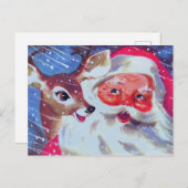 サンタクロースと彼のトナカイのビンテージクリスマス ポストカード (正面/裏面)