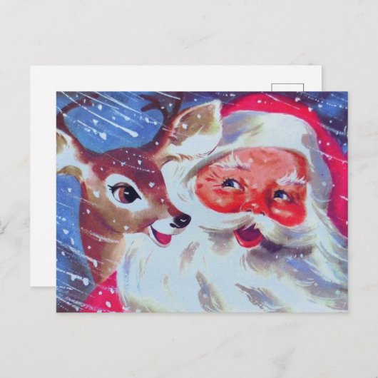 サンタクロースと彼のトナカイのビンテージクリスマス ポストカード (正面/裏面)