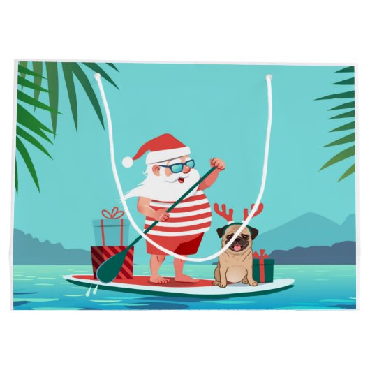 サンタクロースと彼のパグがサーフボードに ラージペーパーバッグ (裏面)