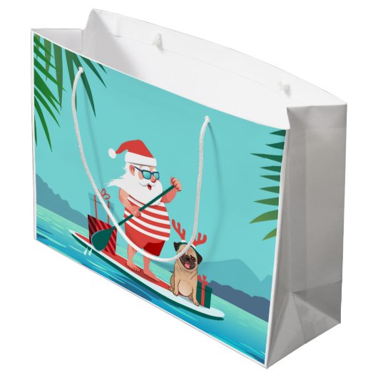 サンタクロースと彼のパグがサーフボードに ラージペーパーバッグ (裏面アングル)