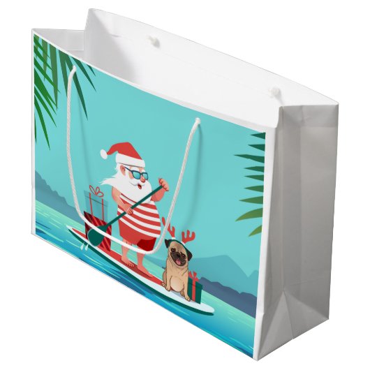 サンタクロースと彼のパグがサーフボードに ラージペーパーバッグ (正面アングル)