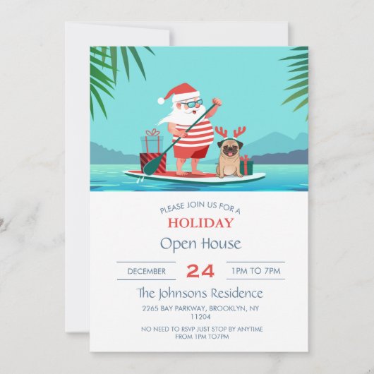 サンタクロースと彼のパグがサーフボードに 招待状 (正面)